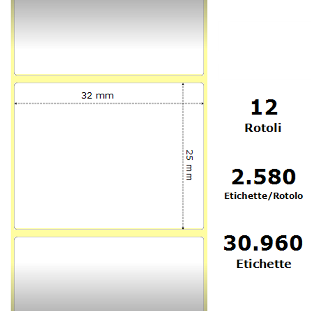 White 32x25mm |  2580 Et/Rotolo Z-2000D 1.3x1x1 Core |  12 Rolls