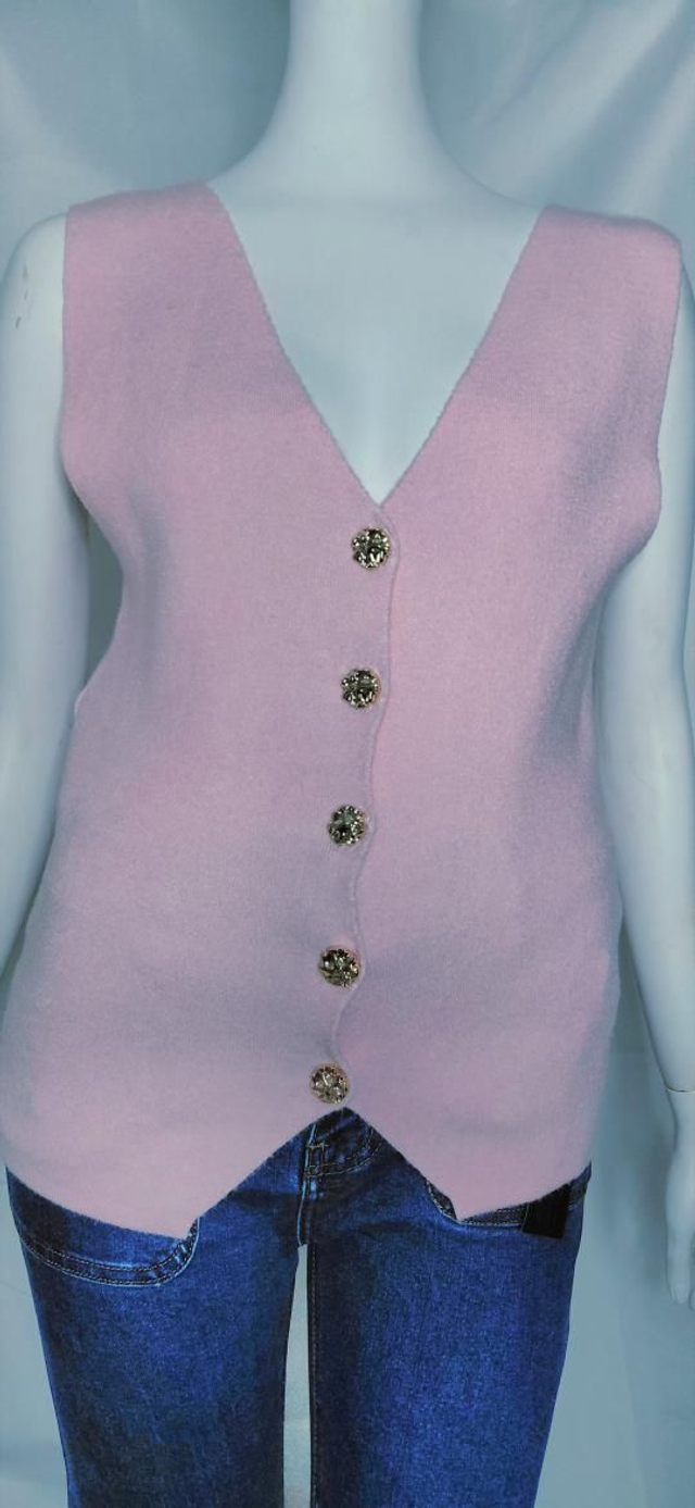 🌈Gilet Sans Manches Rose Femme avec Boutons Dorés Style Chic Elégant Douceur Absolue🌈