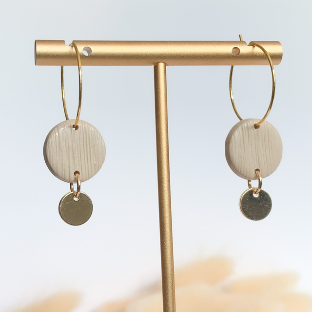 Neutral beige and gold hoops (2cm) with textured circle