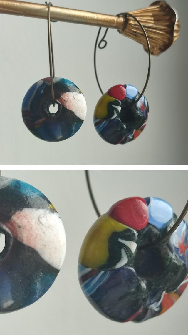 Créoles verre &quot;millefiori&quot; colorées, acier inoxydable doré -sans nickel, pièce unique 