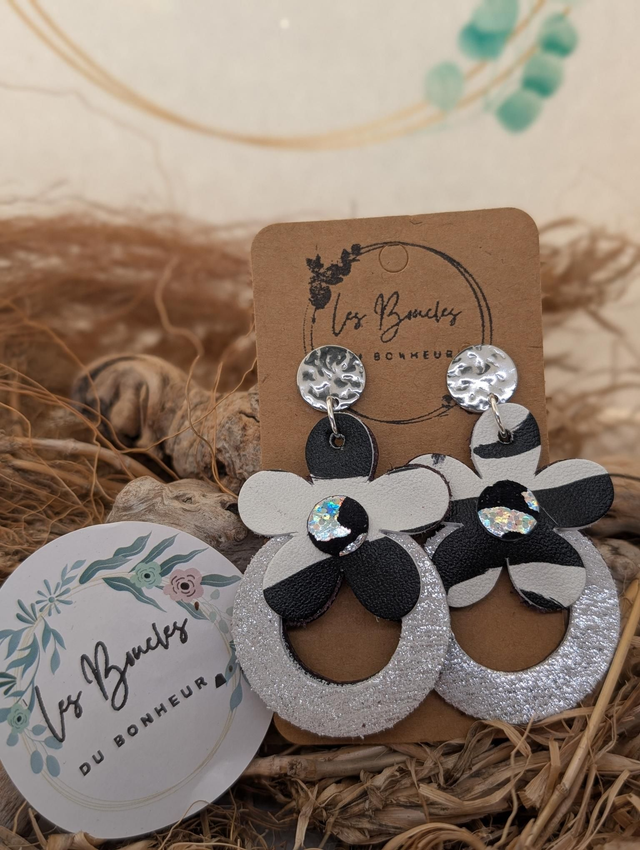 Boucles d'oreilles Baby Marguerite zèbre blanc noir mo162
