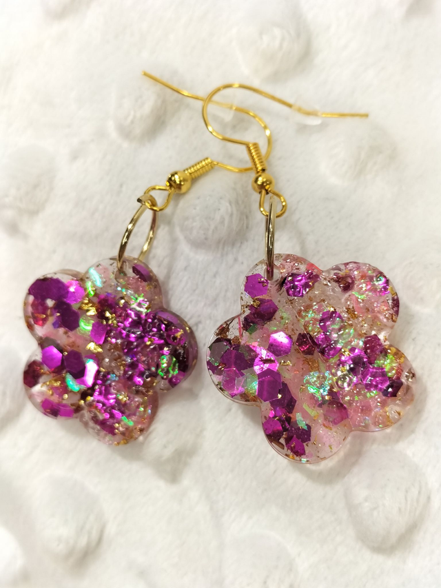 Boucles d&#039;oreilles fleurs pailletées roses