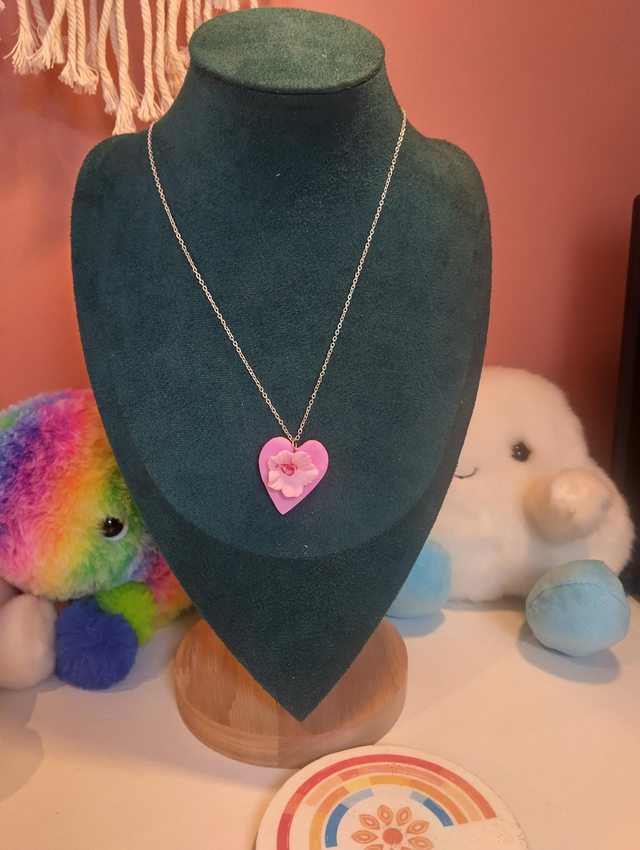 Pink Flower Heart Necklace – Handmade Polymer Clay Jewellery with Sterling Silver Chain