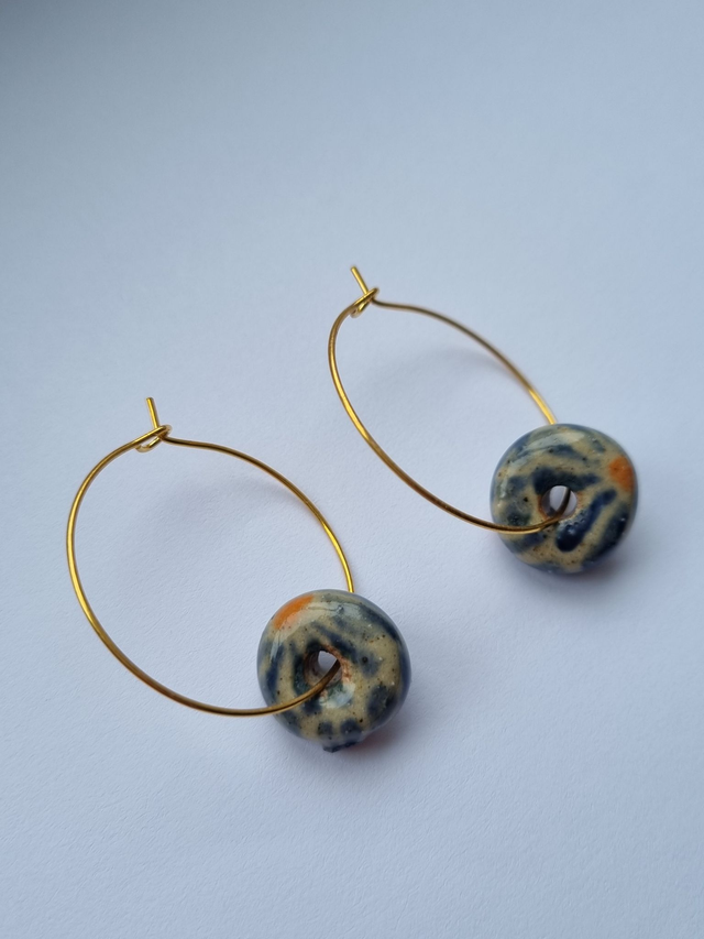 Slightly Flawed Ceramic Hoop Circle Earring - Blue Flower
