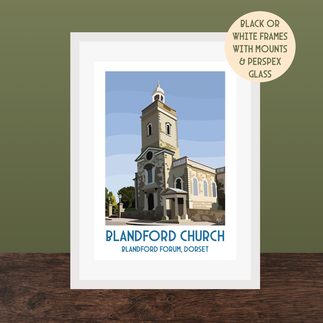 Blandford Church, Travel Poster Print - Vintage Style Dorset Wall Art