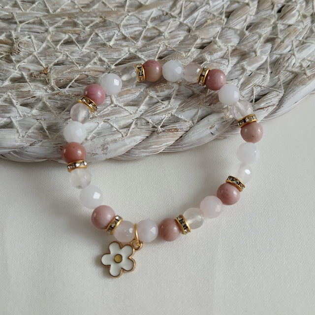 Meisjes armband met Rhodoniet, Rozenkwarts & Bergkristal “Bloesem Magie” (3.058)