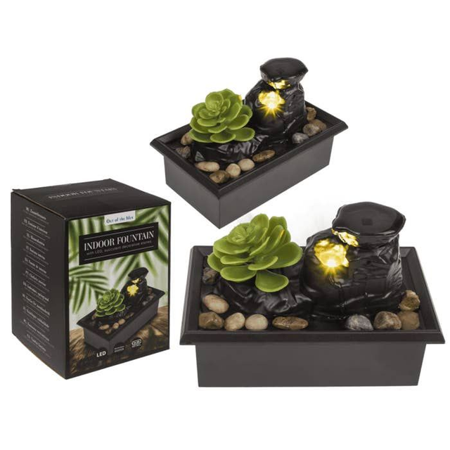 Fontana da interno con LED, piante grasse e pietre decorative,