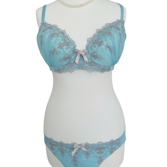 Blue and metallic threads Japanese Bra + Underwear Set UK 34DD  
