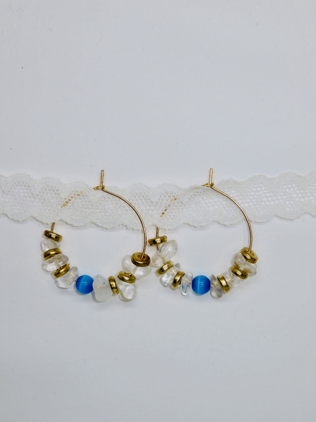 Créole en Cristal de roche et perle d'Amazonite du Brésil