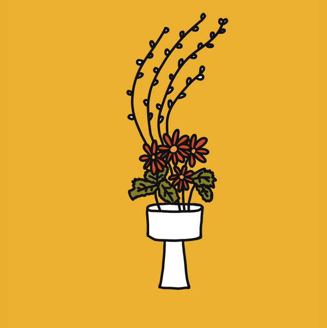 Print - Mustard Retro Ikebana Flower Arrangment