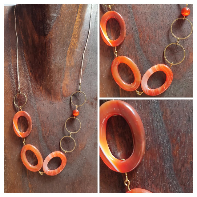 Collier en agate orange aux jolis reflets ( pierres naturelles) monté sur fil de lin réglable avec chaîne d&#039;extension, pièce unique 