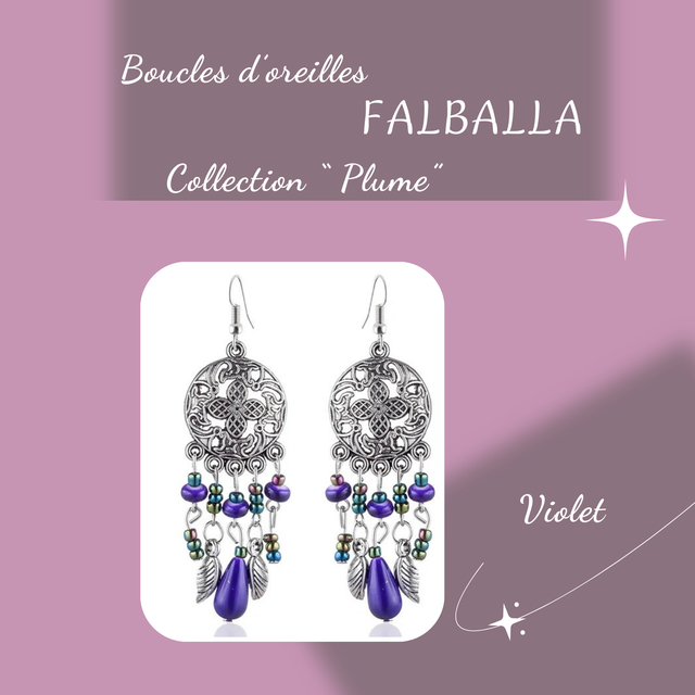 Boucles d&#039;oreilles FALBALLA - Collection Plume - Violet