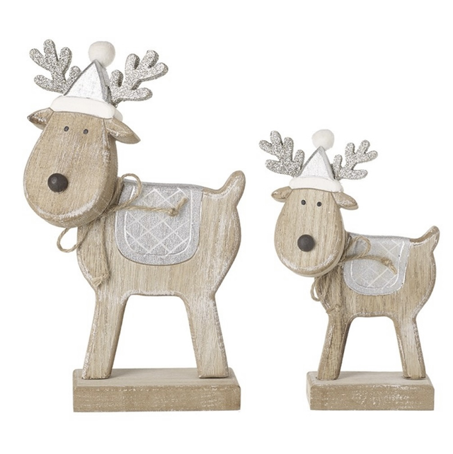 Wood &amp; Silver Reindeer In Hats (Set of 2)