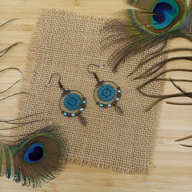 Parure turquoise et bronze - Boucles d&#039;oreille type créoles Plume