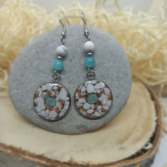 Boucles d'oreilles Résine Amazonite et Howlite