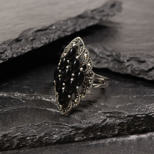 Vintage Sterling Silver 925 Art Deco Style Black Onyx Marquise Cabochon Cut Marcasite Gemstone Shield Design Ring Size P - 7 1/2