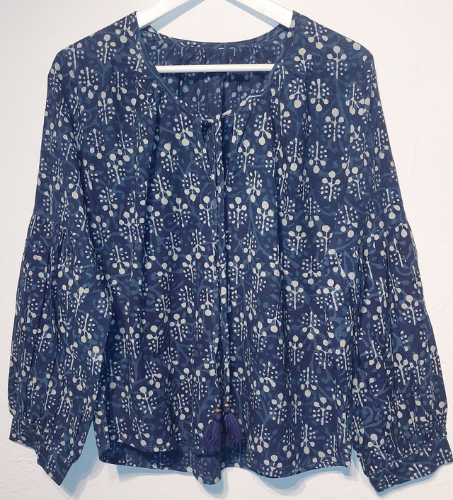 Top femme en coton - Manches bouffantes - Teinture naturelle indigo - Imprimé à la main