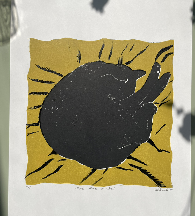 5 More Minutes, two layer Lino print