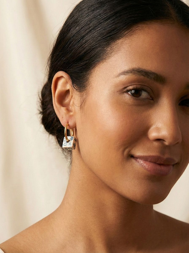 Light Blue Scribble Thick Hoop Square Earrings