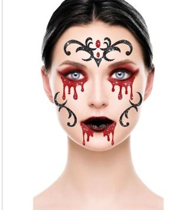 CARNEVALE , TATOO  VISO GLITTERATO VAMPIR  HORROR   