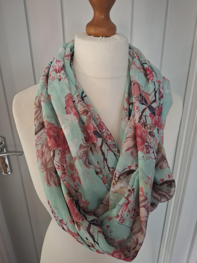 Pink floral with Birds, infinity scarf, blue, with Pink flowers, loop scarf, wrap, shawl, Mothers Day Gift, Scarf, Scarf Women