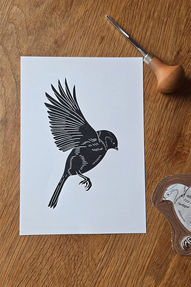 Linogravure oiseau mésange – Linogravure artisanale imprimée à la main à l’encre noire