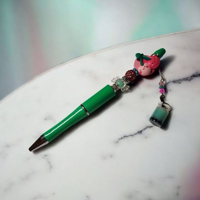 Stylo perles vert et rose
