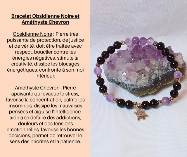 114- Bracelet Obsidienne Noire et Améthyste Chevron