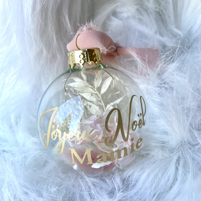 Boule de Noël personnalisée tons Rose Blanc et Or 