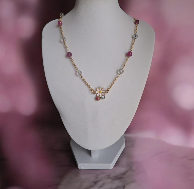 Chaine Fleur &amp; Perles de Verre Multicolores