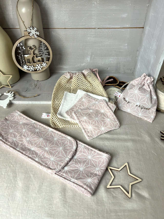 Pack beauté bandeau, Lingettes lavables, filet assorti et pochon bijoux