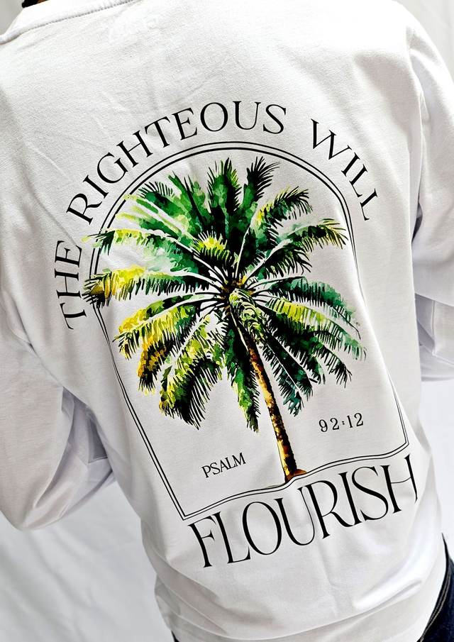 Long Sleeve Palm Tree Tee - Psalm 92:12 [White]