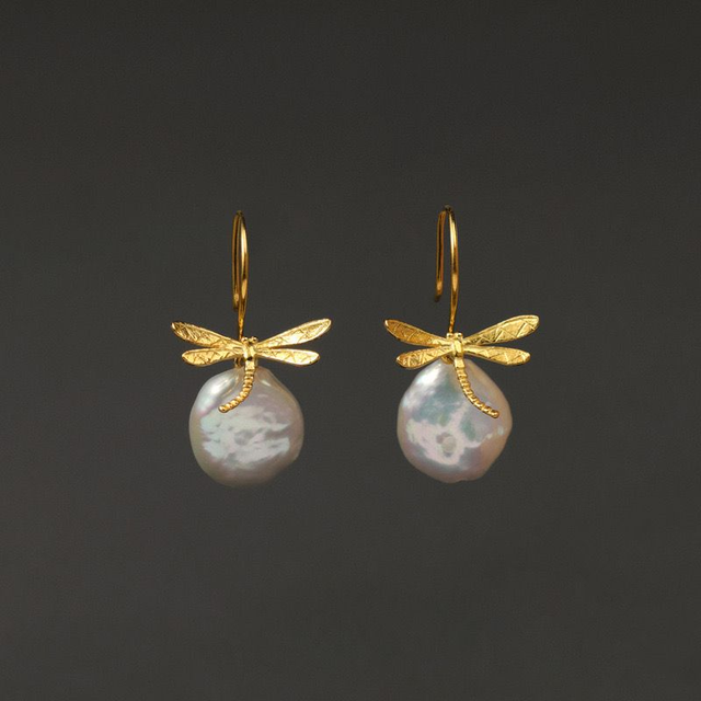 Dragonfly and Baroque Peal Silver Earrings