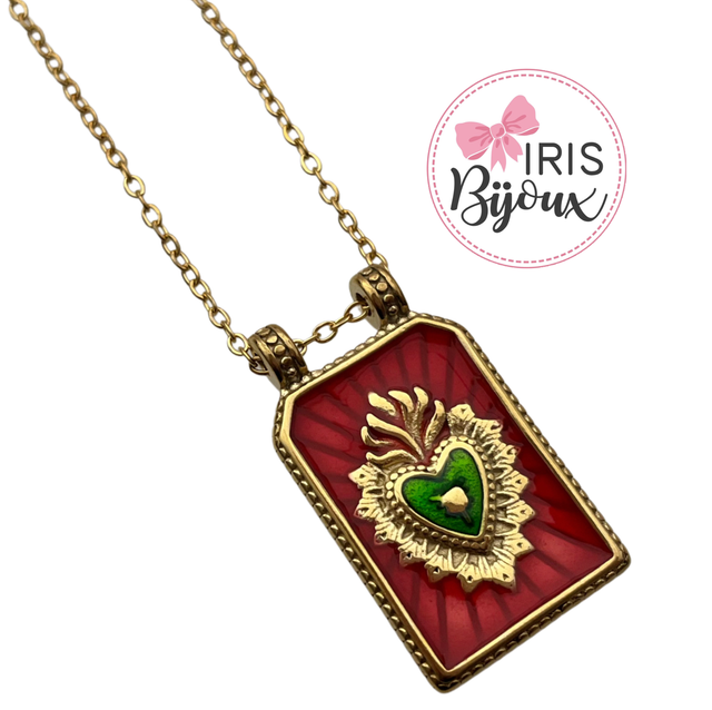 Collana cuore sacro medaglietta rettangolare  smaltata 