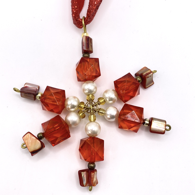 UPCYCLED Snowflake Star Christmas Decoration Red, Cream and Gold tone vintage beads