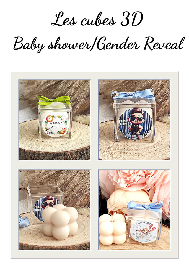 Bougie cube bubble cadeau invités baby shower / gender reveal 