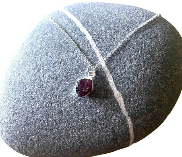 January - Garnet birthstone necklace - raw & wrapped with sterling silver