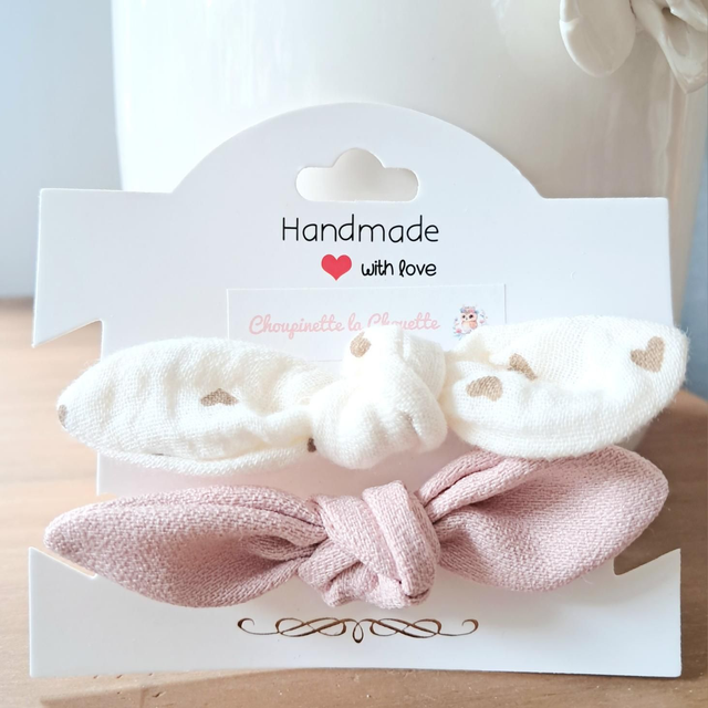 Élastiques à cheveux avec nœud - lot petits cœurs beige/rose