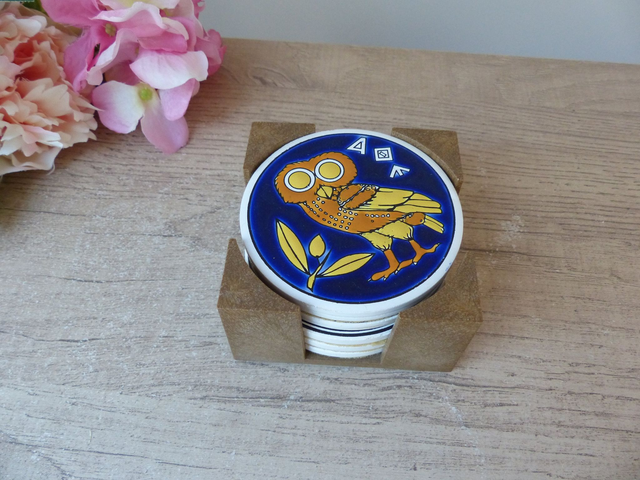 Lot de 6 sous-verres en céramique Tassoulis et Ariadne Fait Main en Grèce, Souvenirs de Grèce Décoration Bar Bistrot, Collection Chouettes