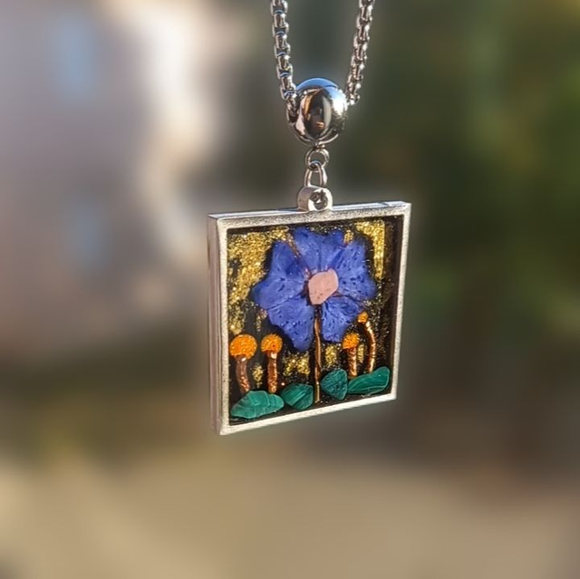 Pendentif Malachite - Rhodonite et fleur de Ceratostigma