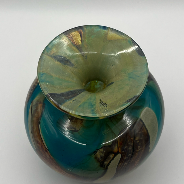 Mdina Glass Vase – Tiger Pattern in Blue, Yellow, Green & Brown – Signed “Mdina”, 13cm