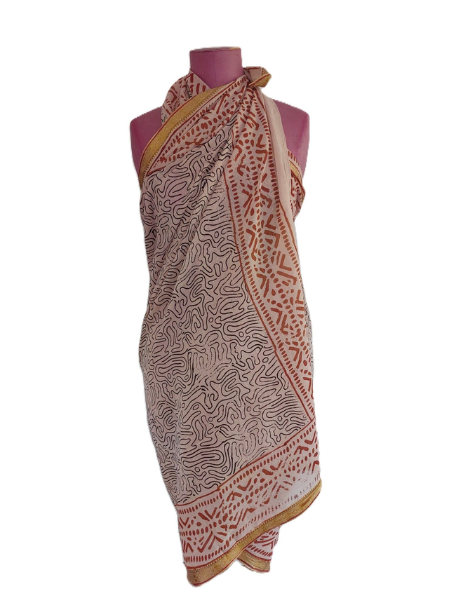 Paréo de plage en coton voile indien imprimé à la main – Motif ethnique rose et noir avec bord doré – Étole & châle bohème  