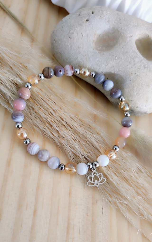 Bracelet "Émotions négatives" Agate de Botswana rose et Quartz Aura