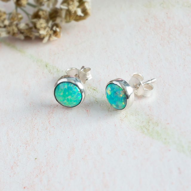 Pendientes de botón de plata 925 y ópalo verde claro, verde oscuro y azul (varios)