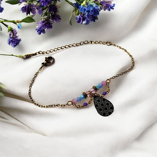 Bracelet acier inoxydable bleu parme noir et doré