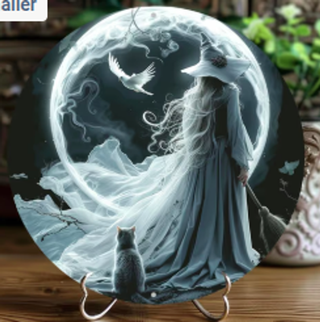 Wanddecoratie metalen bord Witte Heks (20cm diameter)