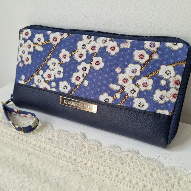 Portefeuille long zippé &quot;Haruka&quot; bleu &amp; simili cuir bleu marine