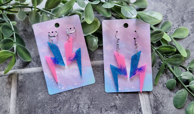 Earrings | Pink &amp; Blue Glitter Lightning Bolt | Stainless Steel Hoops or Hooks
