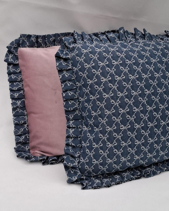 Embroidered blue denim, pleat edge and dusky pink velvet back