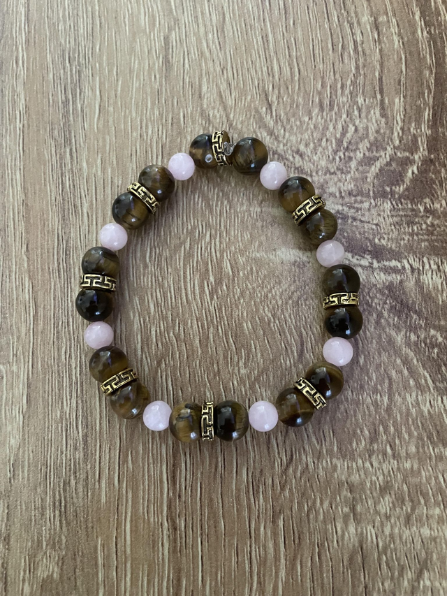 Bracelet Oeil de tigre 8 mm et Quartz rose 6 mm